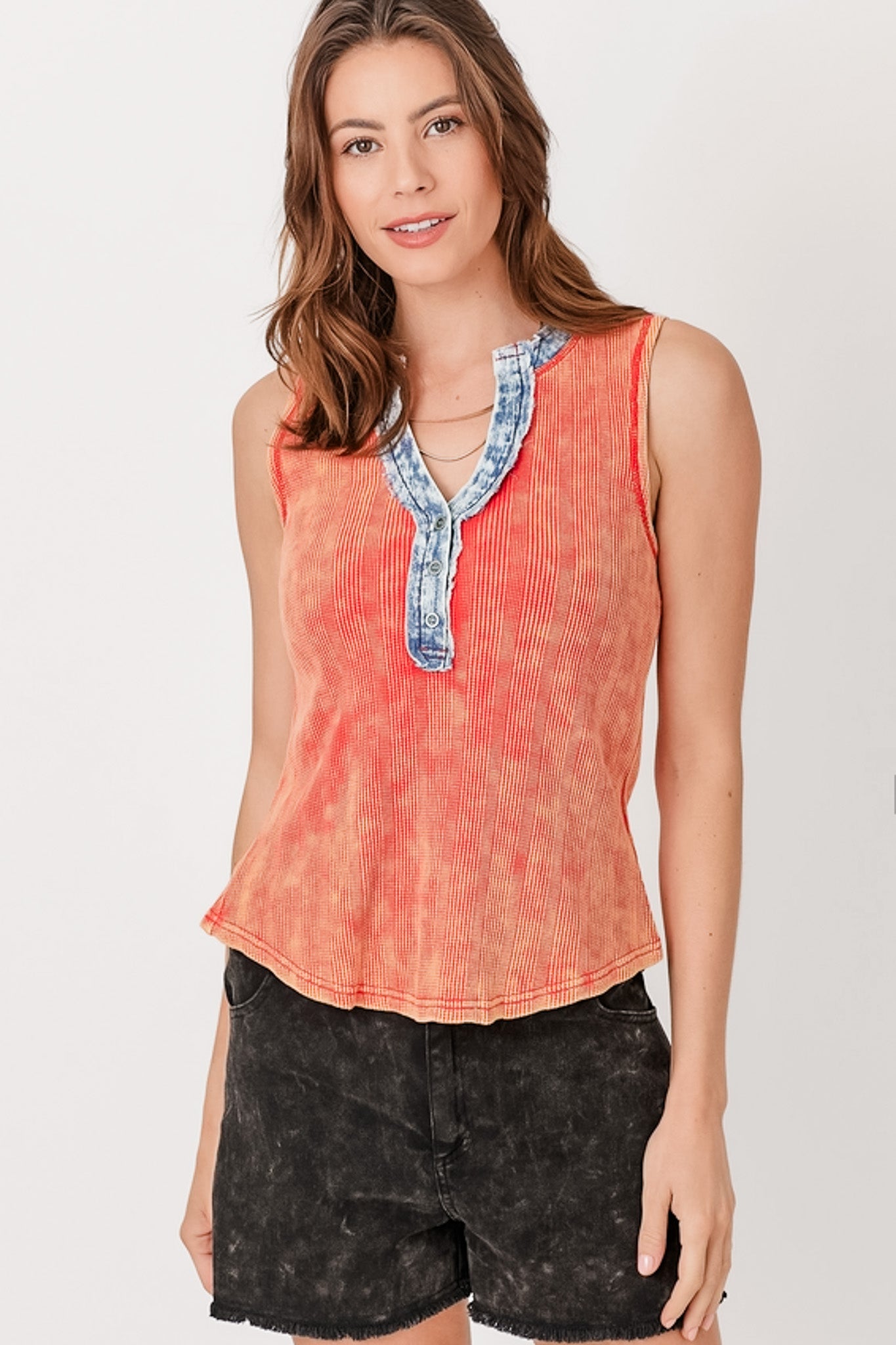 Washed Thermal Sleeveless Henley Top