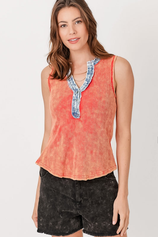 Washed Thermal Sleeveless Henley Top