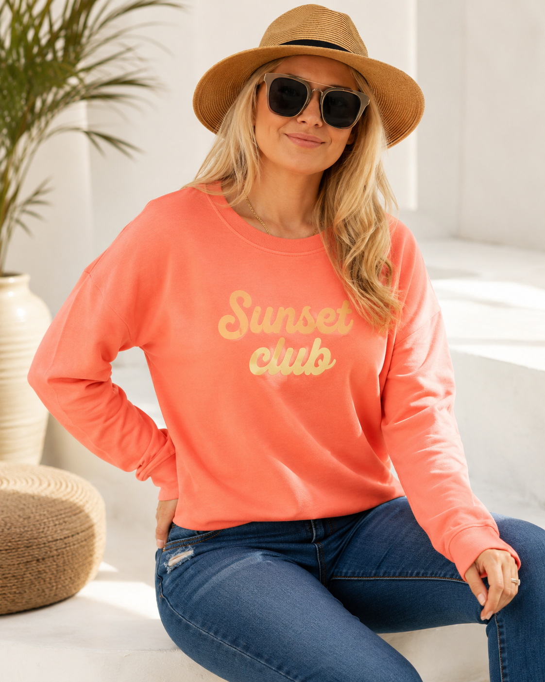 Sunset Club, Coral Cotton Sweatshirt