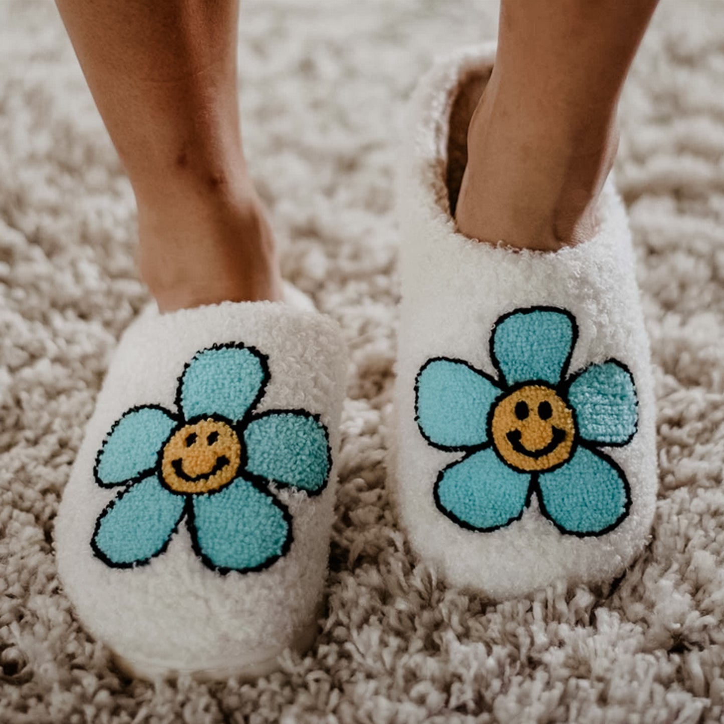 Mint Daisy Happy Face Slippers